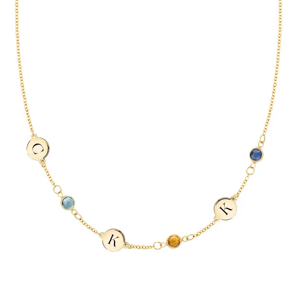 Personalized Classic 3 Letter & 3 Birthstone Necklace in 14k Gold (Single Spacing) sold by Haverhill