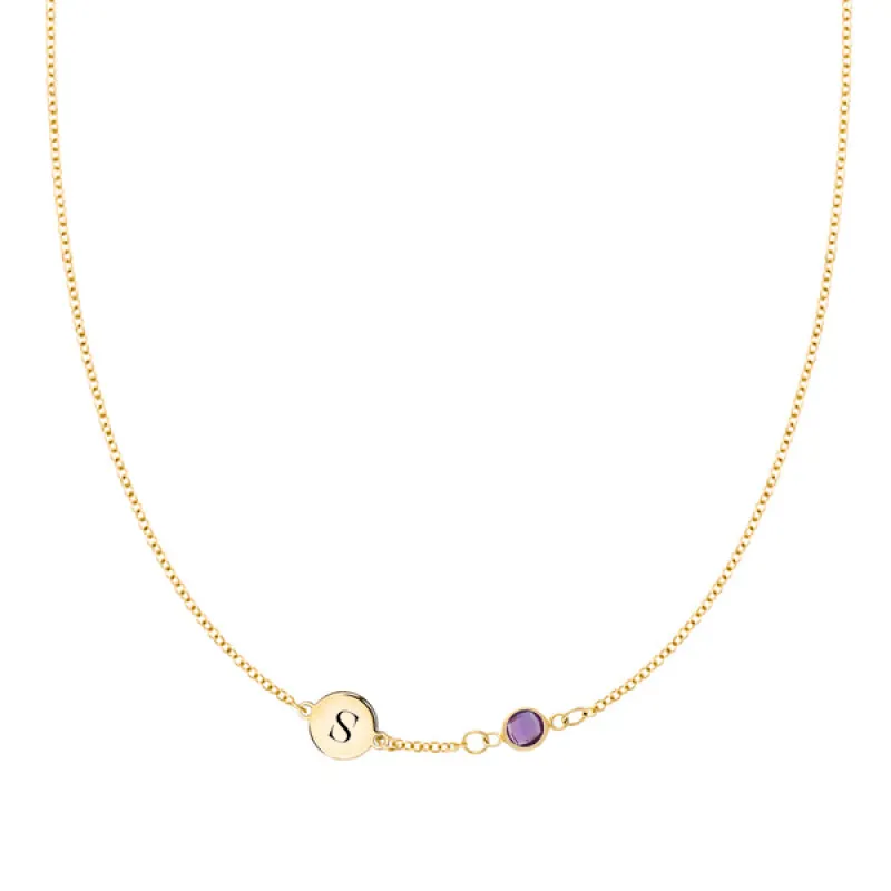 Personalized Classic 1 Letter & 1 Birthstone Necklace in 14k Gold (Single Spacing) sold by Haverhill
