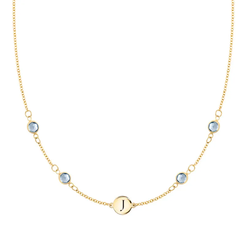 Personalized Classic 1 Letter & 4 Aquamarine Necklace in 14k Gold (March) sold by Haverhill
