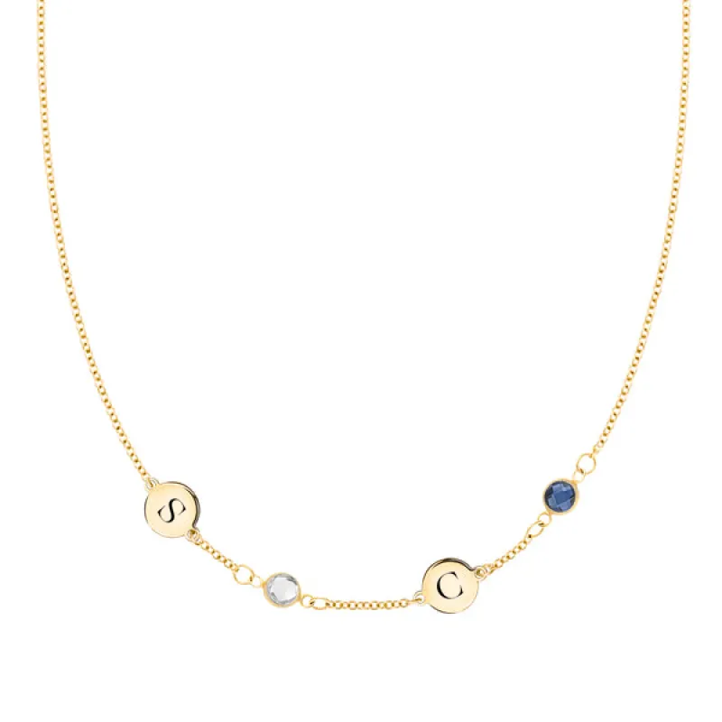 Personalized Classic 2 Letter & 2 Birthstone Necklace in 14k Gold (Single Spacing) sold by Haverhill