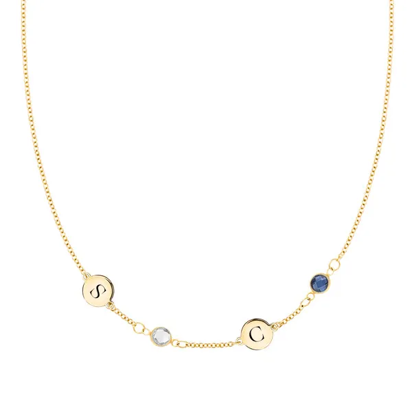 Personalized Classic 2 Letter & 2 Birthstone Necklace in 14k Gold (Single Spacing) sold by Haverhill