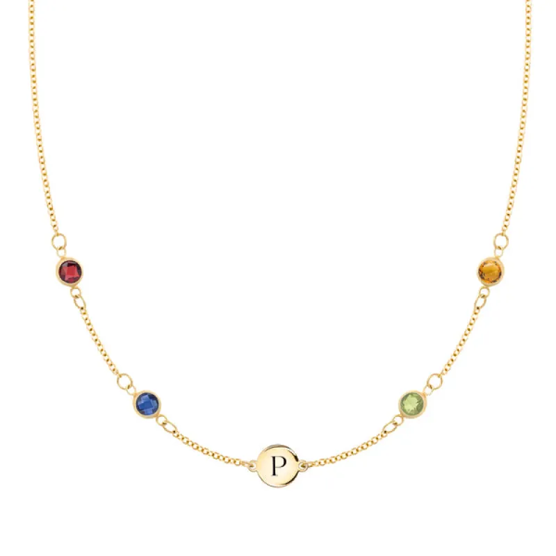 Personalized Classic 1 Letter & 4 Birthstone Necklace in 14k Gold (Double Spacing) sold by Haverhill