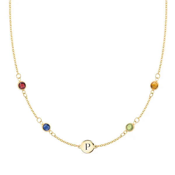 Personalized Classic 1 Letter & 4 Birthstone Necklace in 14k Gold (Double Spacing) sold by Haverhill