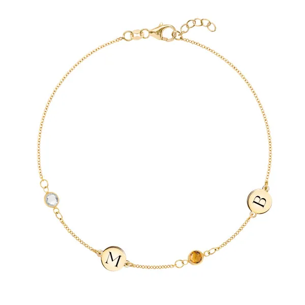 Personalized Classic 2 Letter & 2 Birthstone Bracelet in 14k Gold sold by Haverhill