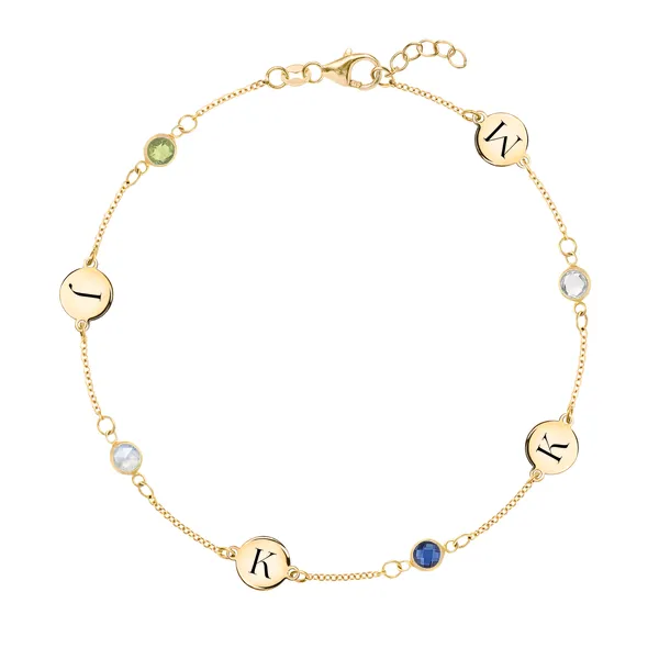 Personalized Classic 4 Letter & 4 Birthstone Bracelet in 14k Gold sold by Haverhill