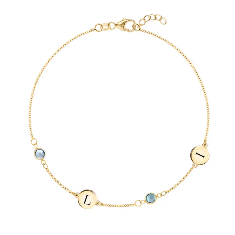 Personalized Classic 2 Letter & 2 Birthstone Bracelet in 14k Gold sold by Haverhill