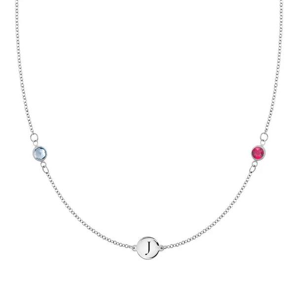 Personalized Classic 1 Letter & 2 Birthstone Necklace in 14k Gold sold by Haverhill