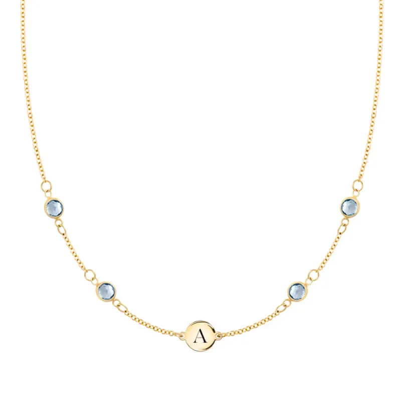 Personalized 1 Letter & 4 Classic Aquamarine Necklace in 14k Gold (March) sold by Haverhill