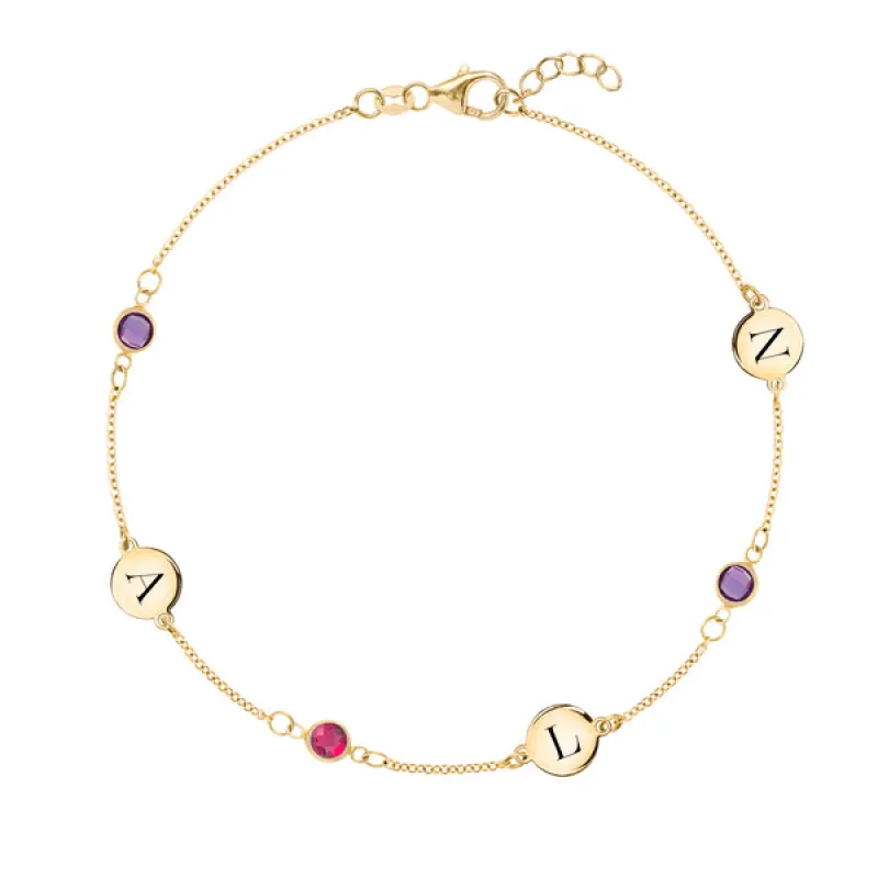 Personalized Classic 3 Letter & 3 Birthstone Bracelet in 14k Gold sold by Haverhill