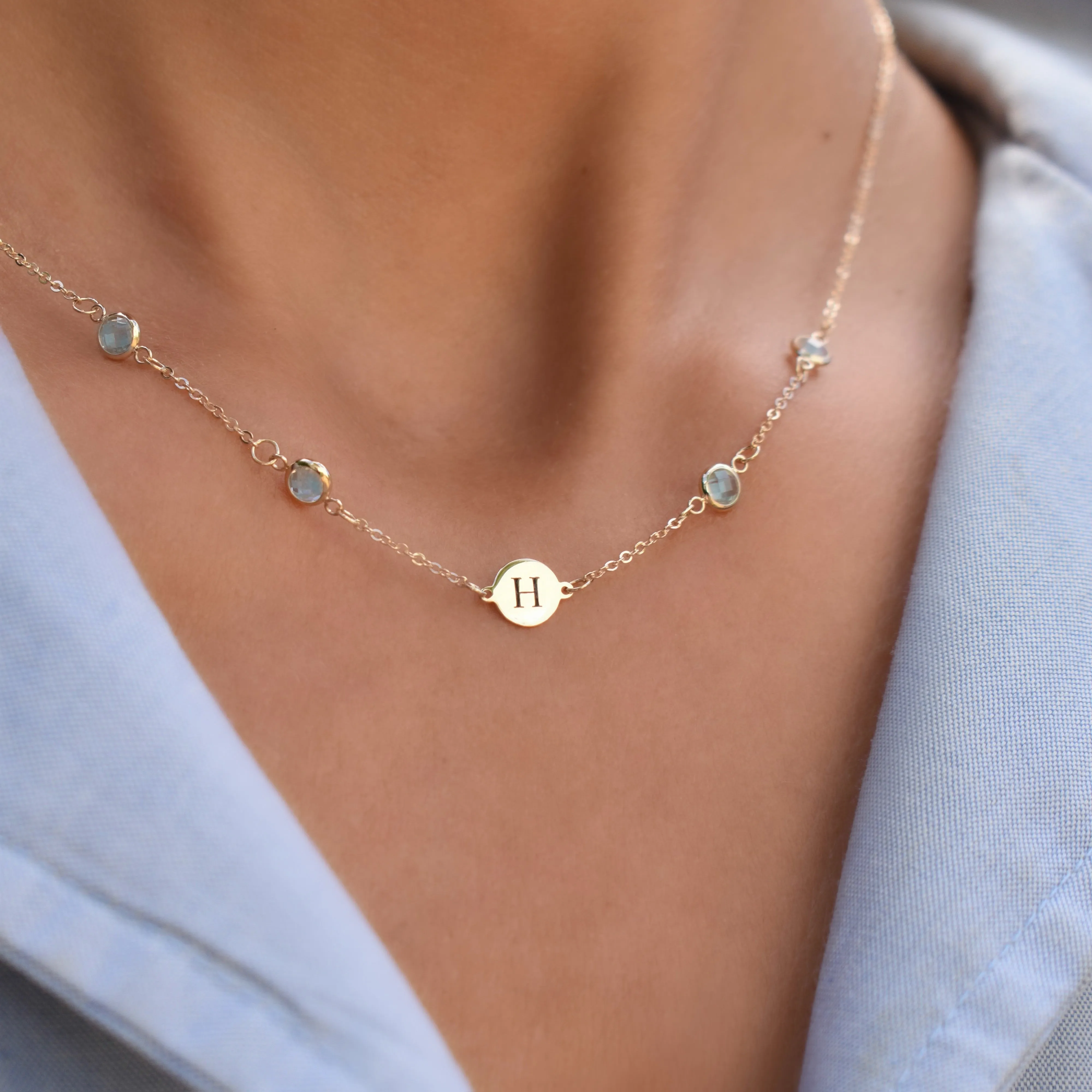 Personalized Classic 1 Letter & 4 Nantucket Blue Topaz Necklace in 14k Gold (December) sold by Haverhill product image thumbnail 3
