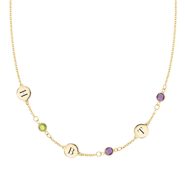 Personalized 3 Letter & 3 Classic Birthstone Necklace in 14k Gold (Single Spacing) sold by Haverhill