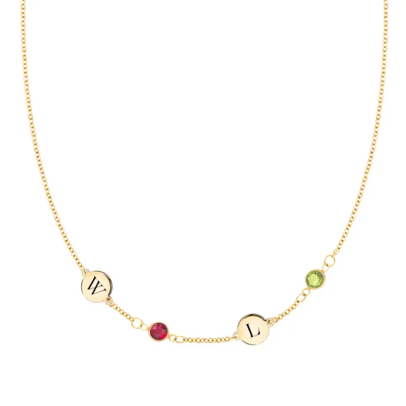 Personalized Classic 2 Letter & 2 Birthstone Necklace in 14k Gold (Single Spacing) sold by Haverhill
