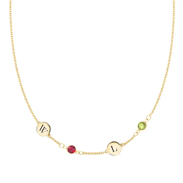 Personalized Classic 2 Letter & 2 Birthstone Necklace in 14k Gold (Single Spacing) sold by Haverhill