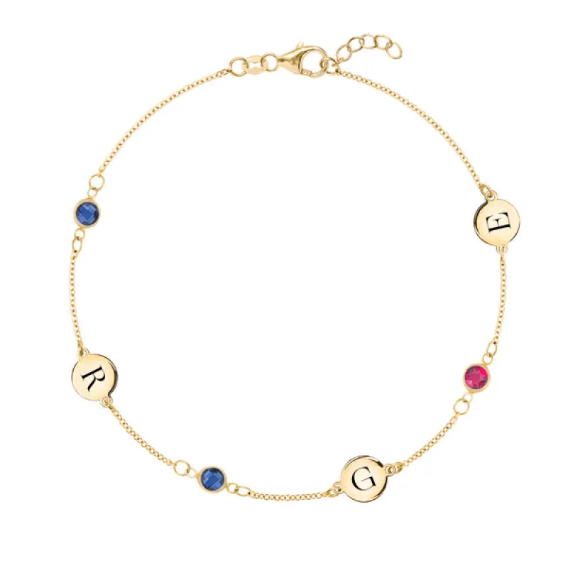 Personalized Classic 3 Letter & 3 Birthstone Bracelet in 14k Gold sold by Haverhill