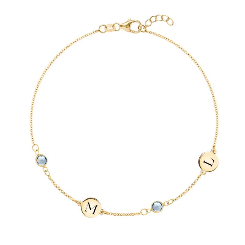 Personalized Classic 2 Letter & 2 Birthstone Bracelet in 14k Gold sold by Haverhill