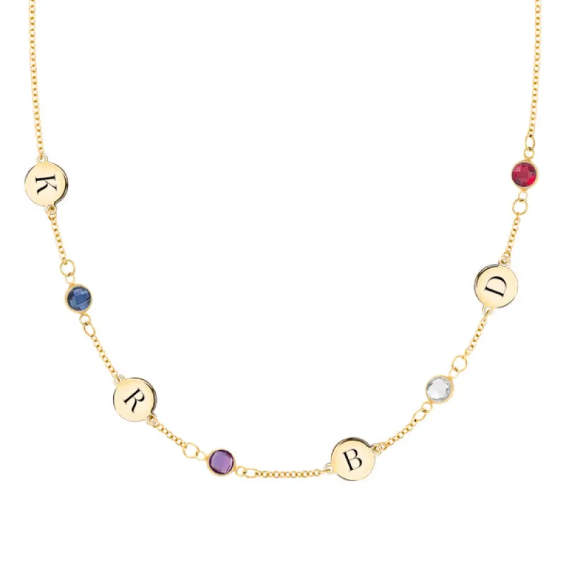 Personalized Classic 4 Letter & 4 Birthstone Necklace in 14k Gold (Single Spacing) sold by Haverhill