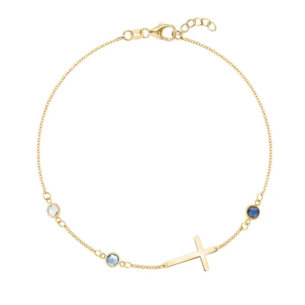 Personalized Classic Cross & 3 Birthstone Bracelet in 14k Gold sold by Haverhill