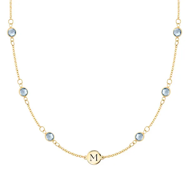 Personalized Classic 1 Letter & 6 Birthstone Necklace in 14k Gold (Double Spacing) sold by Haverhill