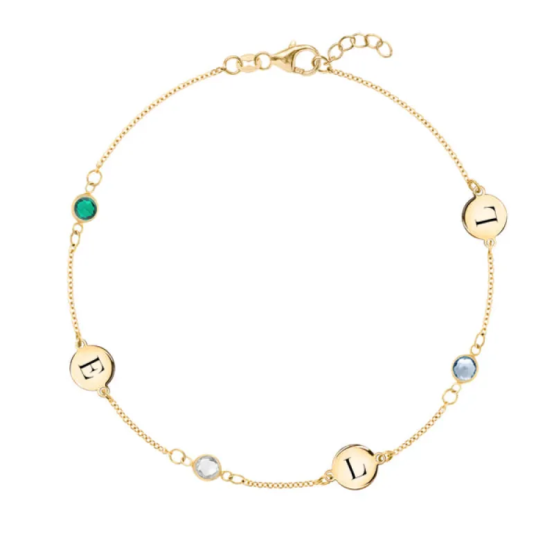 Personalized 3 Letter & 3 Classic Birthstone Bracelet in 14k Gold sold by Haverhill