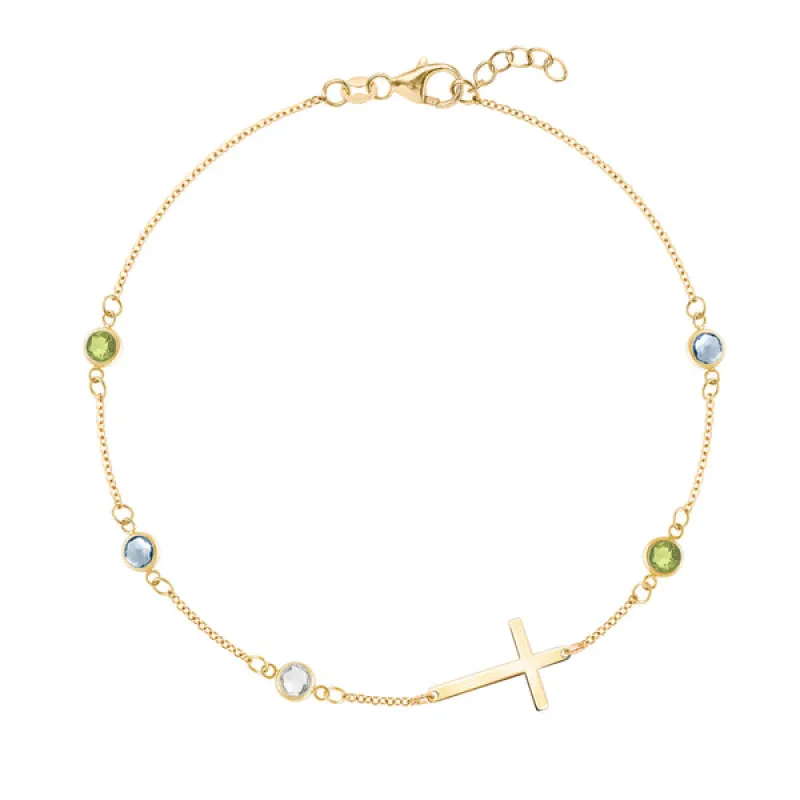 Personalized Classic Cross & 5 Birthstone Bracelet in 14k Gold sold by Haverhill