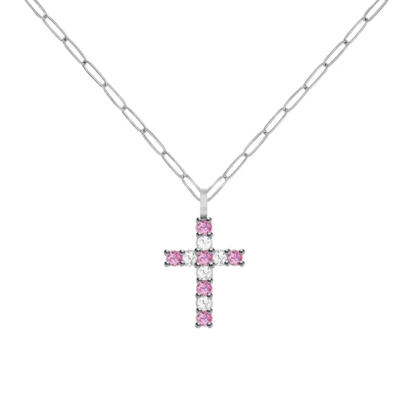 Rosecliff Cross Diamond & Pink Sapphire Pendant in 14k Gold (October) sold by Haverhill