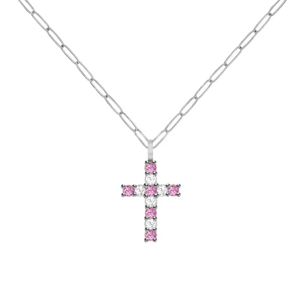 Rosecliff Cross Diamond & Pink Sapphire Pendant in 14k Gold (October) sold by Haverhill