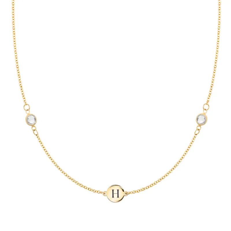 Personalized Classic 1 Letter & 2 Birthstone Necklace in 14k Gold sold by Haverhill