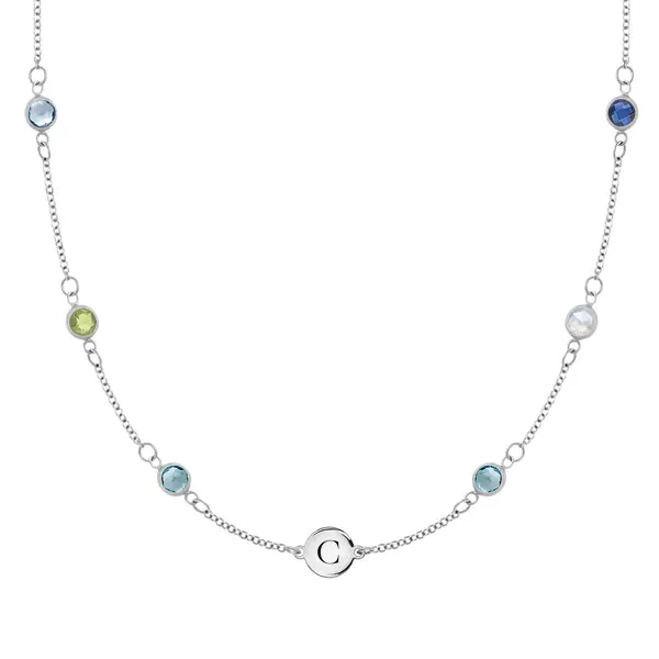 Personalized Classic 1 Letter & 6 Birthstone Necklace in 14k Gold (Double Spacing) sold by Haverhill