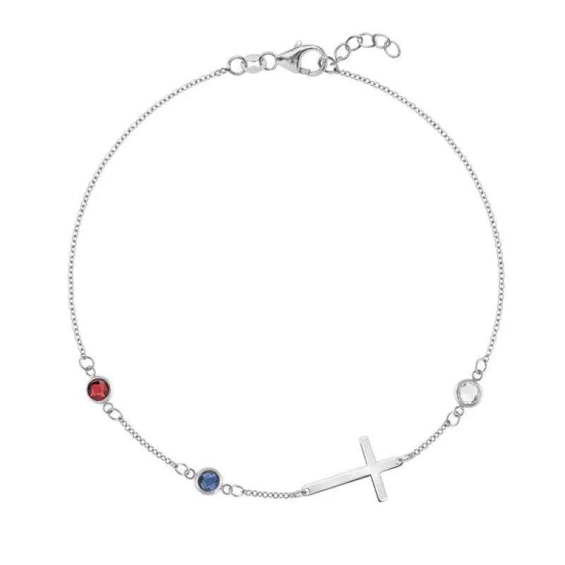 Personalized Classic Cross & 3 Birthstone Bracelet in 14k Gold sold by Haverhill