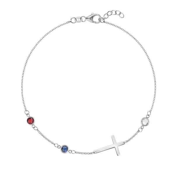 Personalized Classic Cross & 3 Birthstone Bracelet in 14k Gold sold by Haverhill