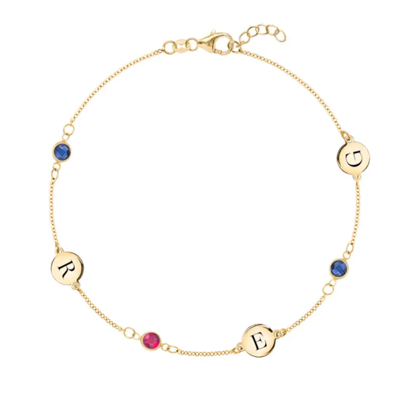 Personalized Classic 3 Letter & 3 Birthstone Bracelet in 14k Gold sold by Haverhill