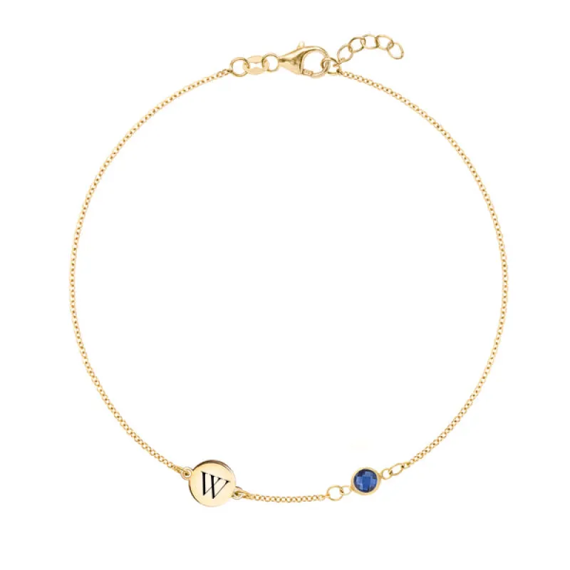 Personalized 1 Letter & 1 Classic Sapphire Bracelet in 14k Gold (September) made by Haverhill