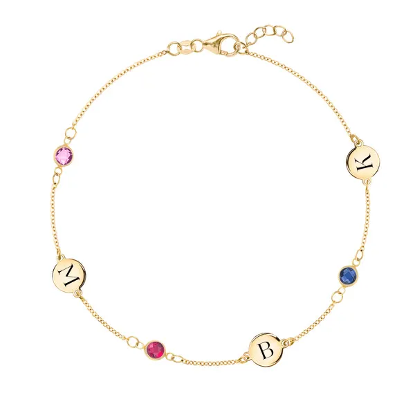 Personalized Classic 3 Letter & 3 Birthstone Bracelet in 14k Gold sold by Haverhill