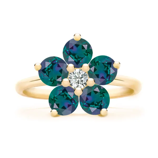 Personalized Greenwich Flower Birthstone & Diamond Ring in 14k Gold sold by Haverhill
