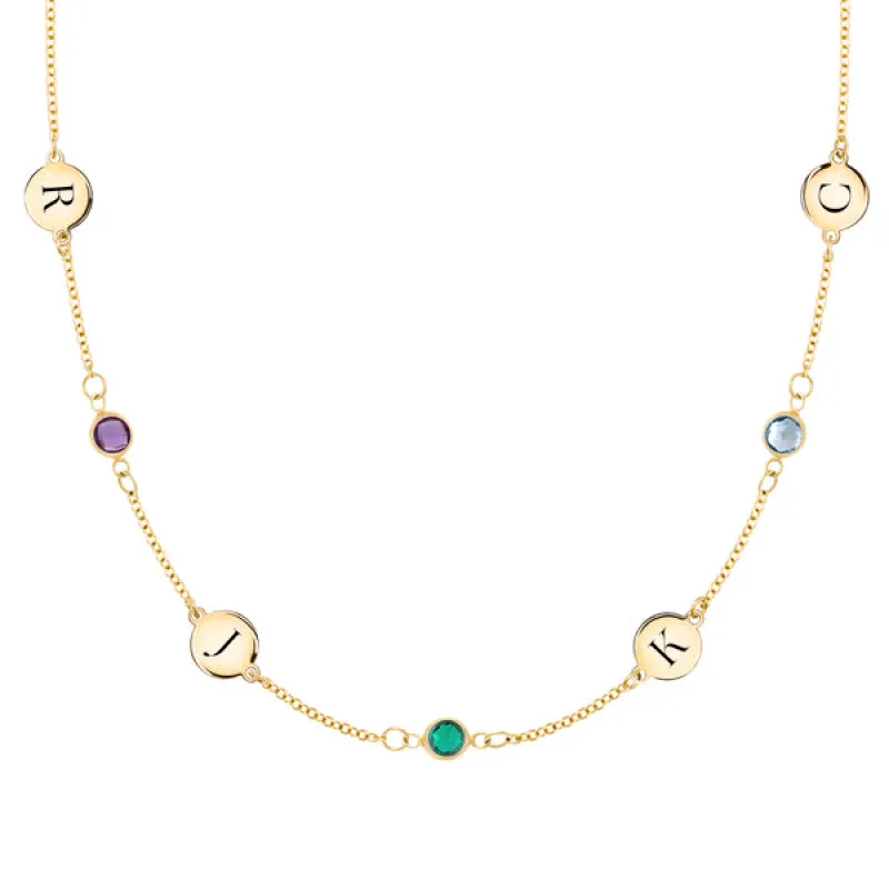 Personalized Classic 4 Letter & 3 Birthstone Necklace in 14k Gold (Double Spacing) sold by Haverhill