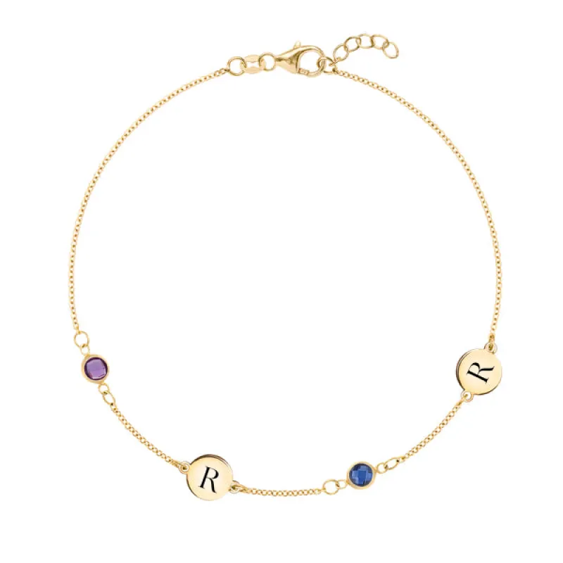 Personalized Classic 2 Letter & 2 Birthstone Bracelet in 14k Gold sold by Haverhill
