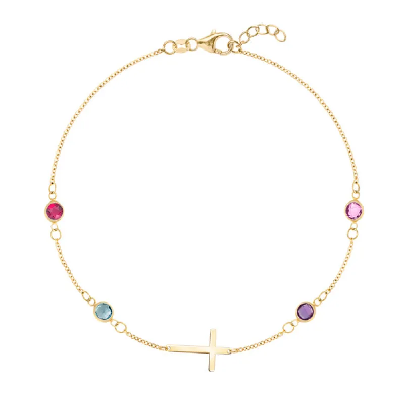 Personalized Classic Cross & 4 Birthstone Bracelet in 14k Gold sold by Haverhill
