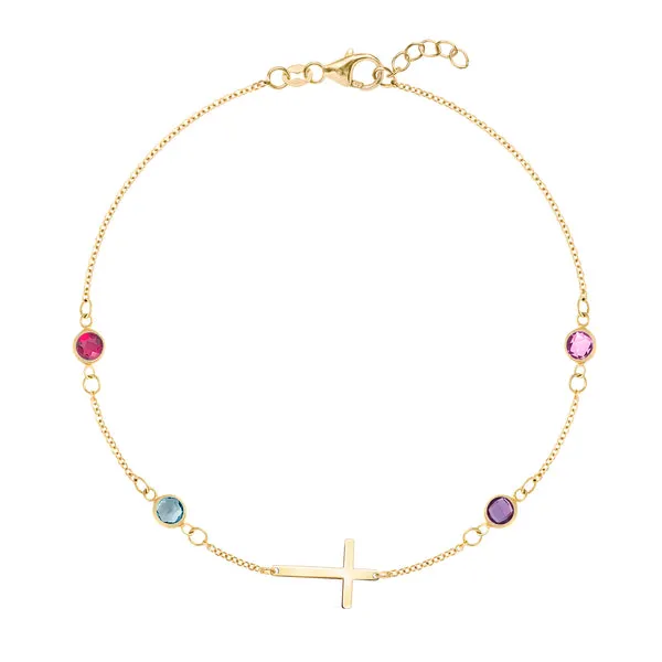 Personalized Classic Cross & 4 Birthstone Bracelet in 14k Gold sold by Haverhill