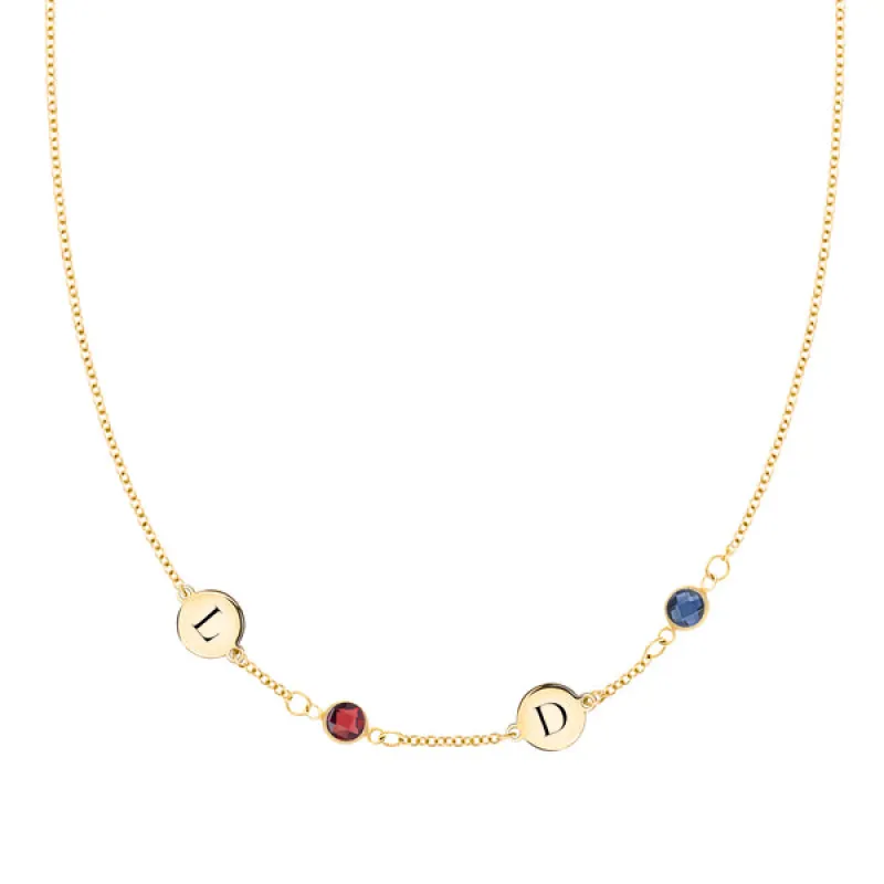 Personalized Classic 2 Letter & 2 Birthstone Necklace in 14k Gold (Single Spacing) sold by Haverhill