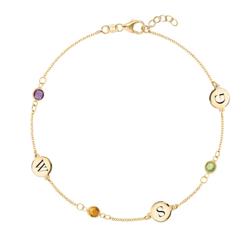Personalized Classic 3 Letter & 3 Birthstone Bracelet in 14k Gold sold by Haverhill