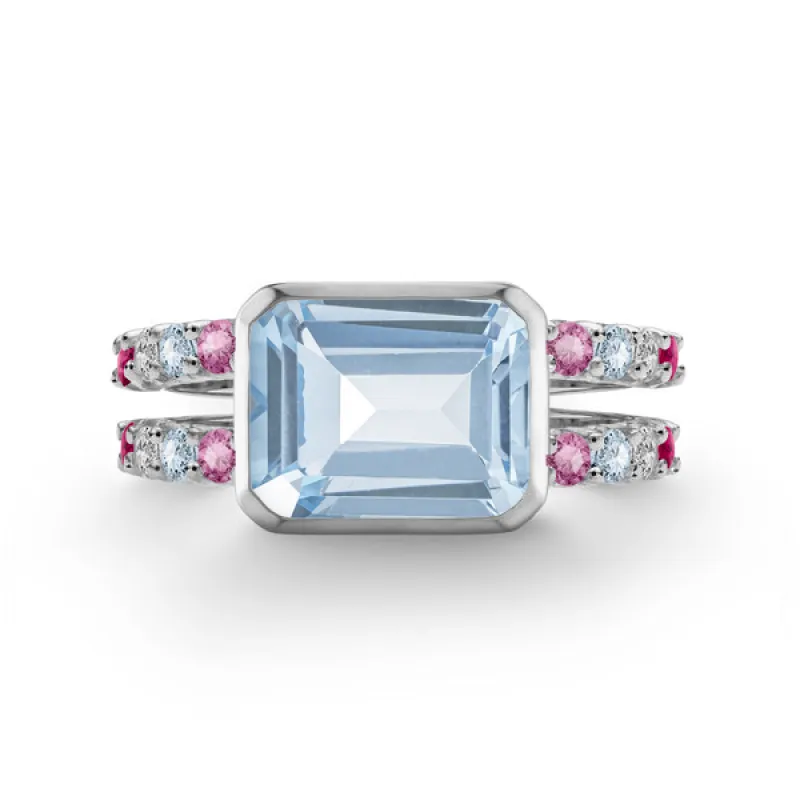 Personalized Warren Horizontal Birthstone Ring with Accent Stones in 14k Gold sold by Haverhill