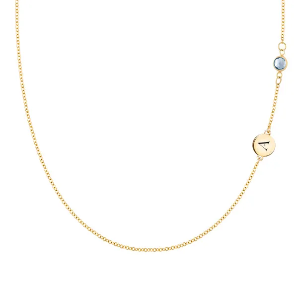 Personalized Classic 1 Letter & 1 Birthstone Necklace in 14k Gold (Double Spacing) sold by Haverhill