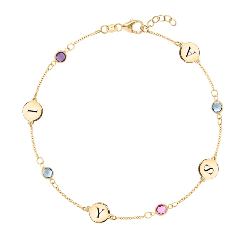 Personalized Classic 4 Letter & 4 Birthstone Bracelet in 14k Gold sold by Haverhill