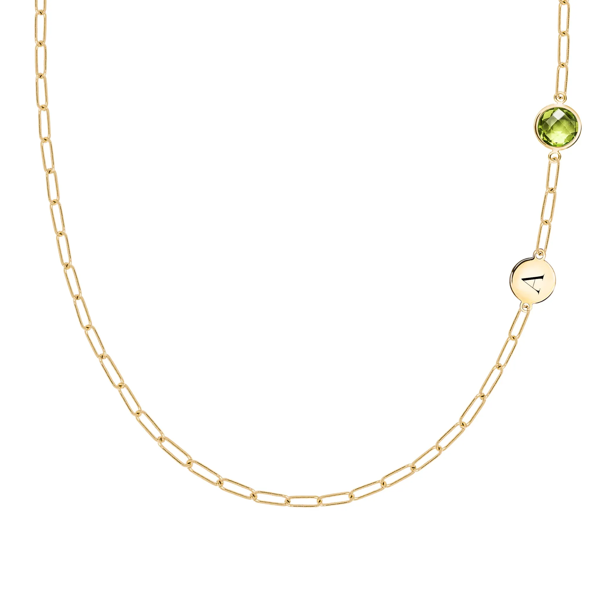 1 Letter & 1 Grand Peridot Adelaide Mini Necklace in 14k Gold (August) sold by Haverhill