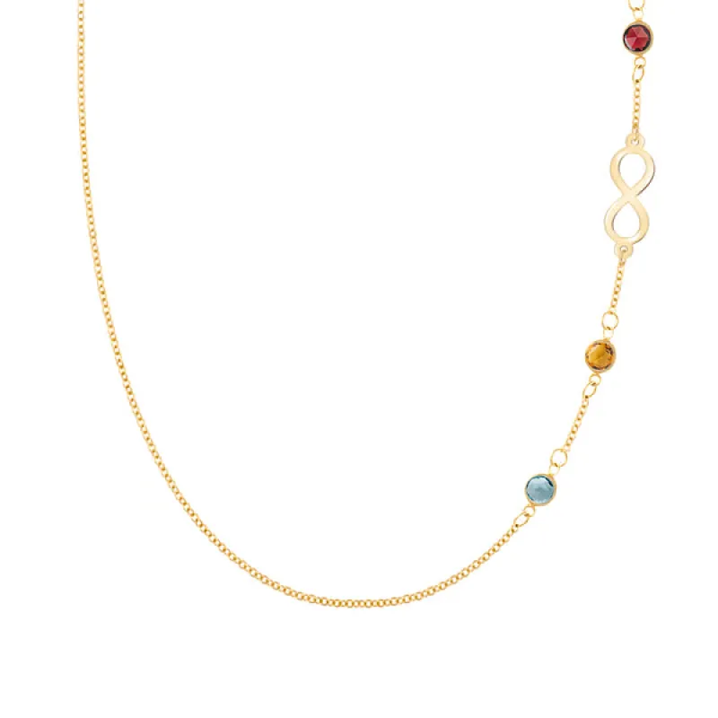 Personalized Classic Infinity & 3 Birthstone Necklace in 14k Gold sold by Haverhill