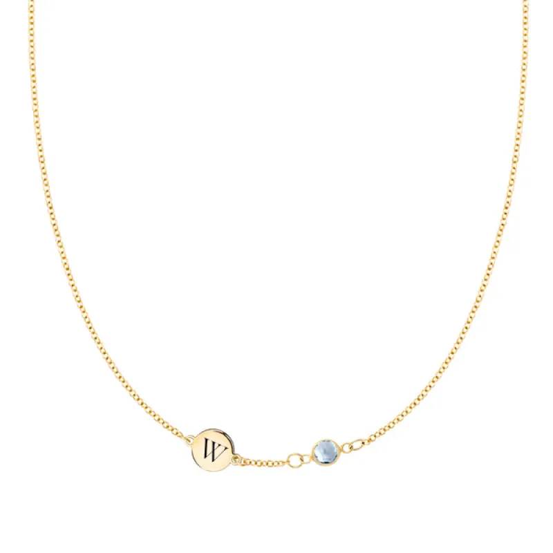 Personalized Classic 1 Letter & 1 Birthstone Necklace in 14k Gold (Single Spacing) sold by Haverhill