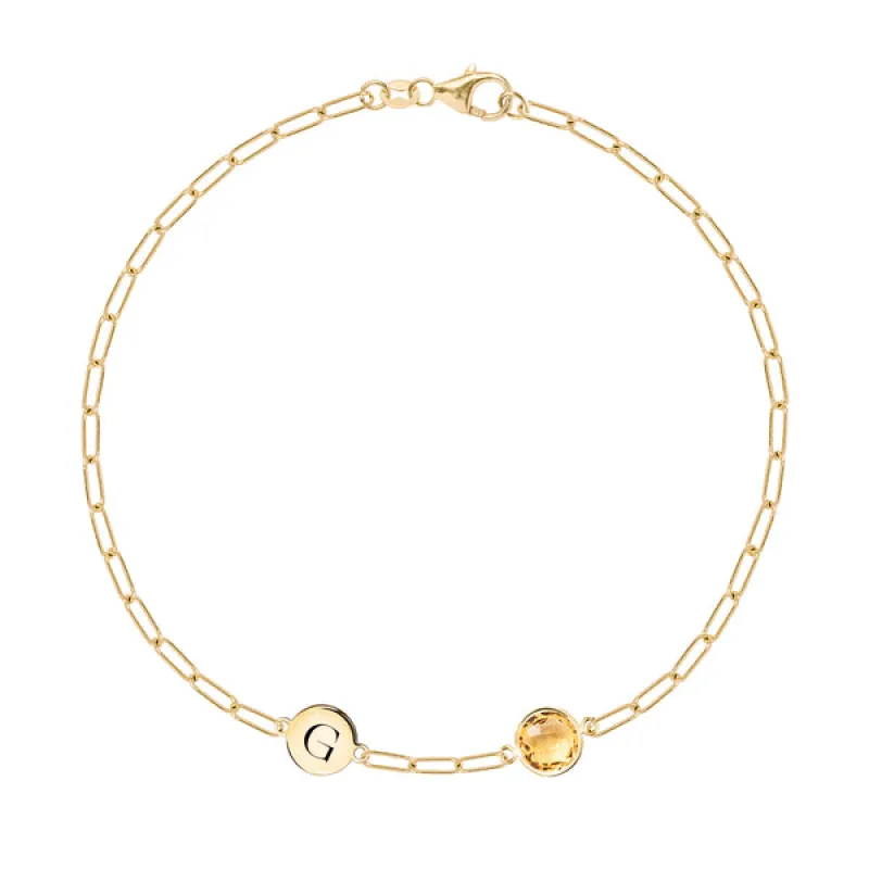 Personalized 1 Letter & 1 Grand Citrine Adelaide Mini Bracelet in 14k Gold (November) sold by Haverhill