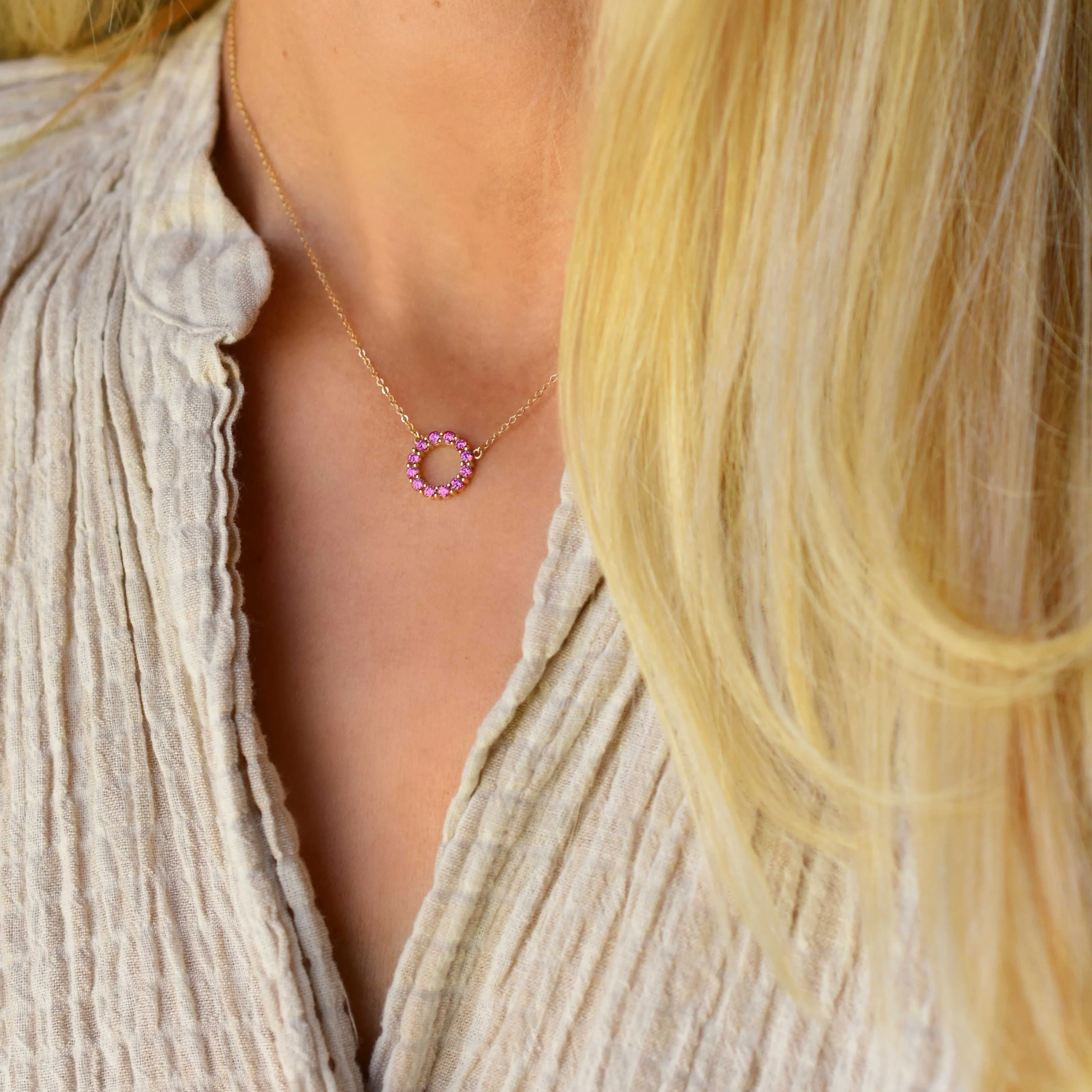 Rosecliff Small Circle Pink Tourmaline Necklace in 14k Yellow Gold sold by Haverhill product image thumbnail 2