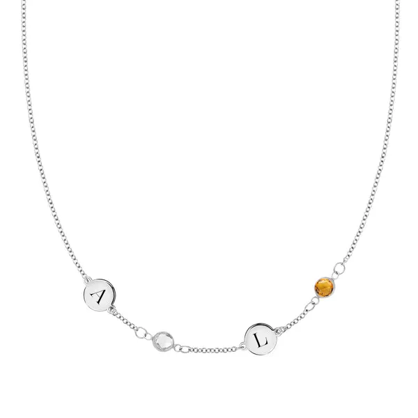 Personalized Classic 2 Letter & 2 Birthstone Necklace in 14k Gold (Single Spacing) sold by Haverhill