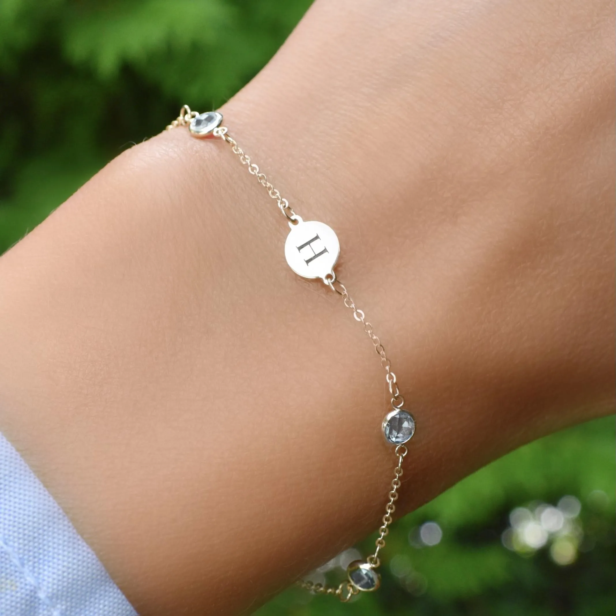Personalized Classic 1 Letter & 4 Aquamarine Bracelet in 14k Gold (March) sold by Haverhill product image thumbnail 3
